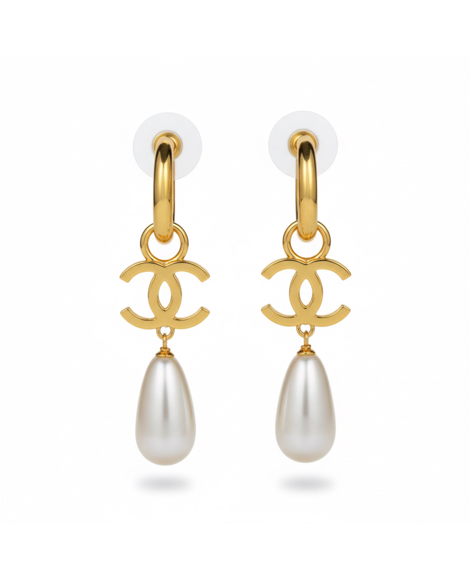 COCO Gold-Tone CC Logo Hoop Faux Pearl Drop Earrings