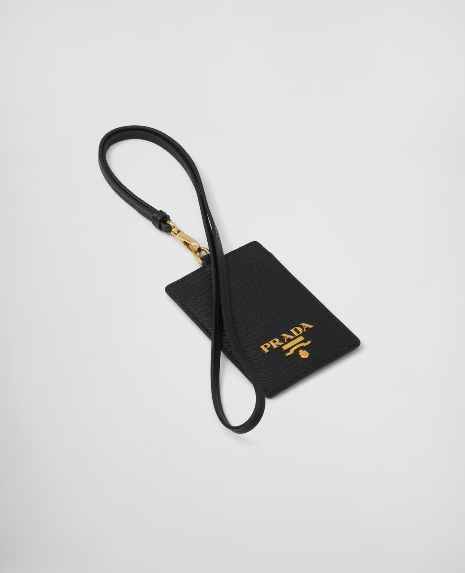 Prada Saffiano Leather Badge Holder Black Gold-toned.
