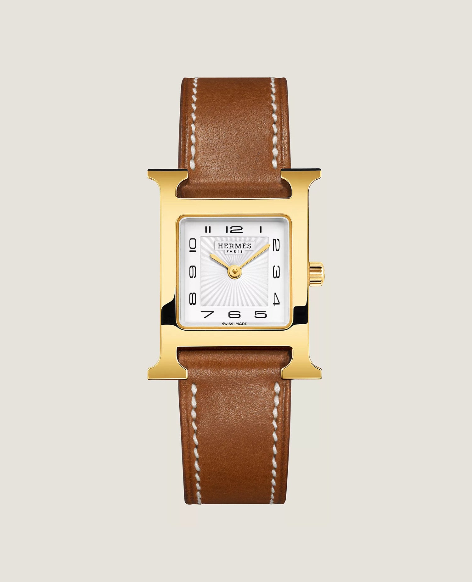 Hermès Heure H watch, Small model, 25 mm Yellow gold-plated steel, Gold Chestnut