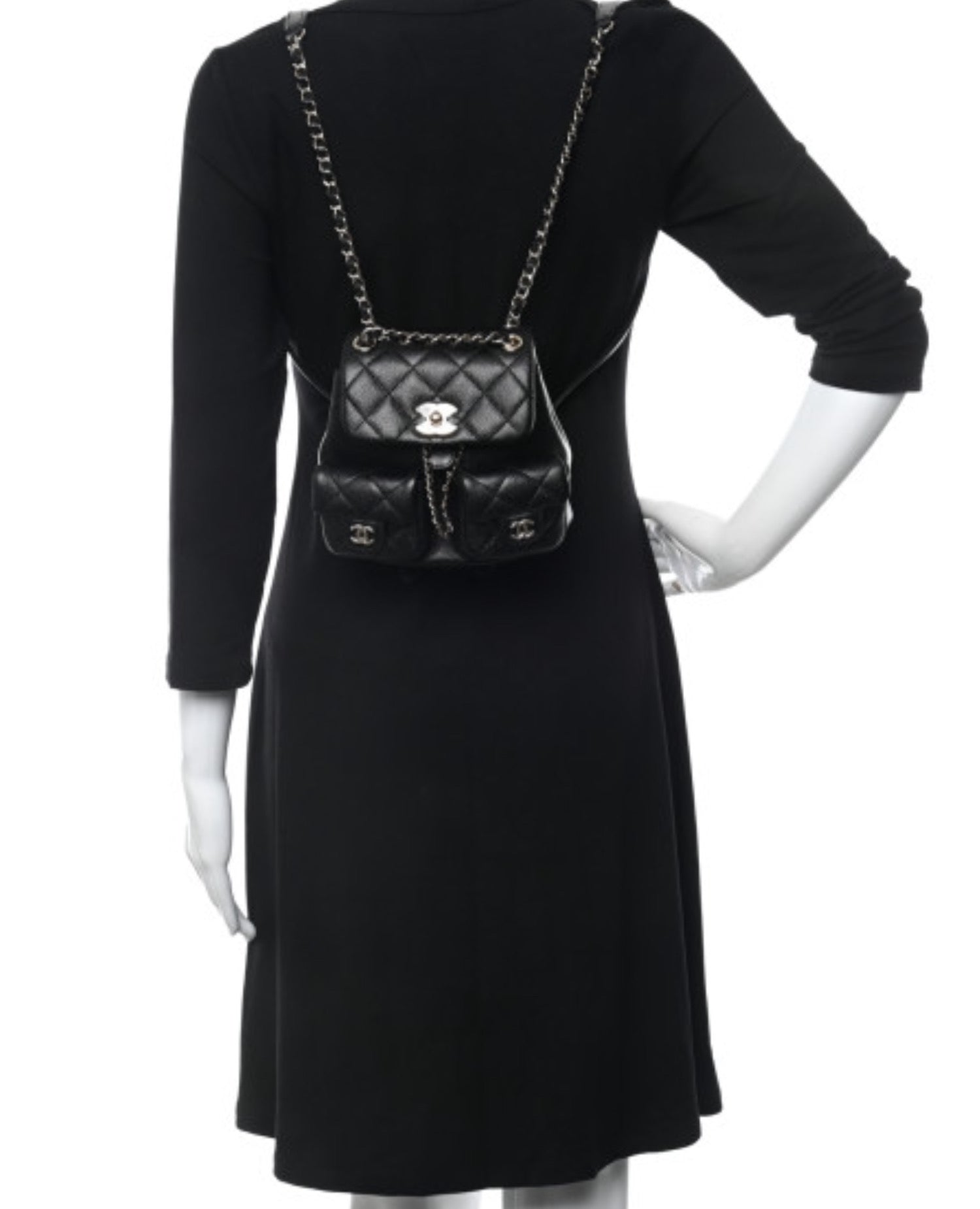 Coco Shiny Caviar Quilted Small Duma Pockets Drawstring Backpack Black