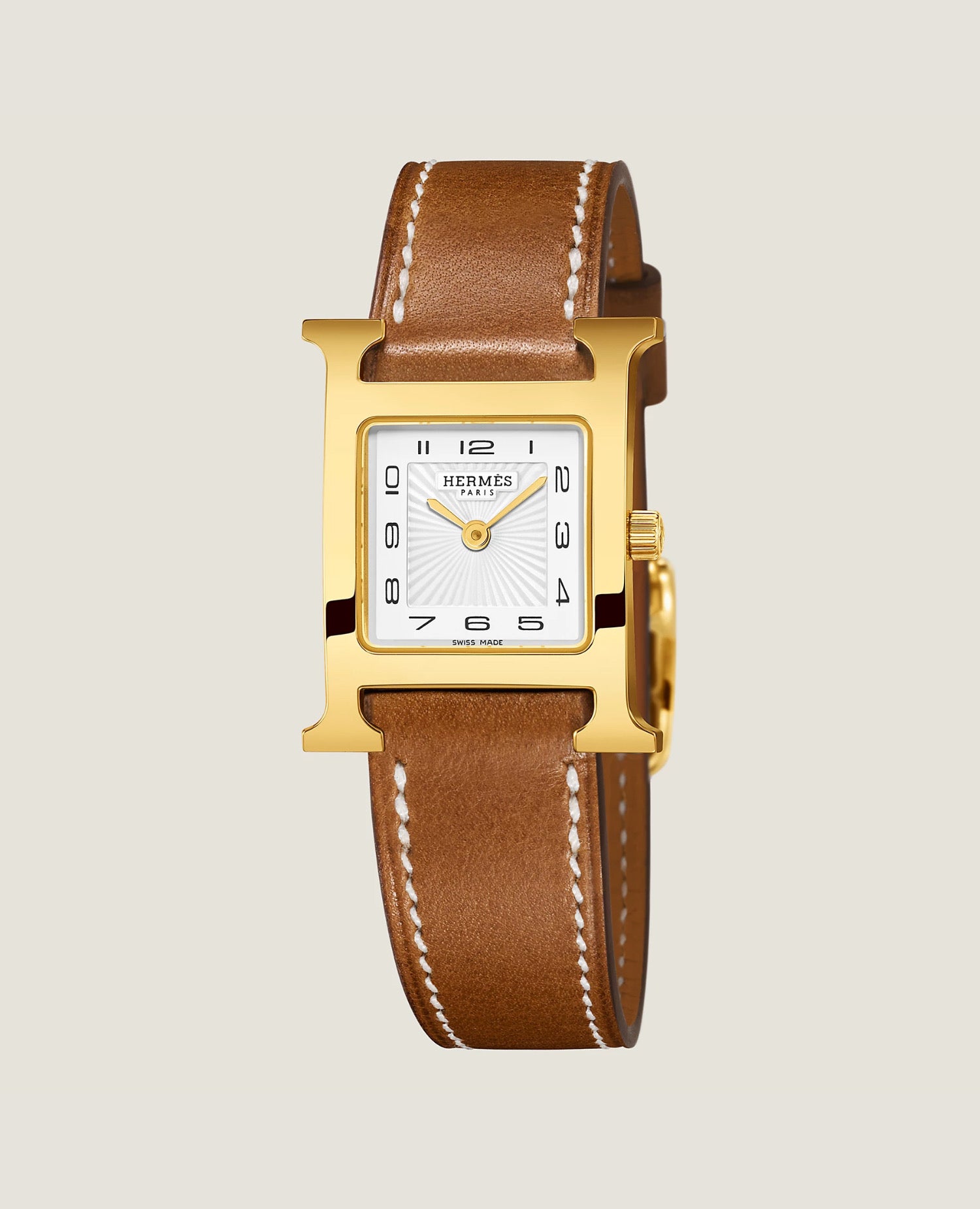 Hermès Heure H watch, Small model, 25 mm Yellow gold-plated steel, Gold Chestnut