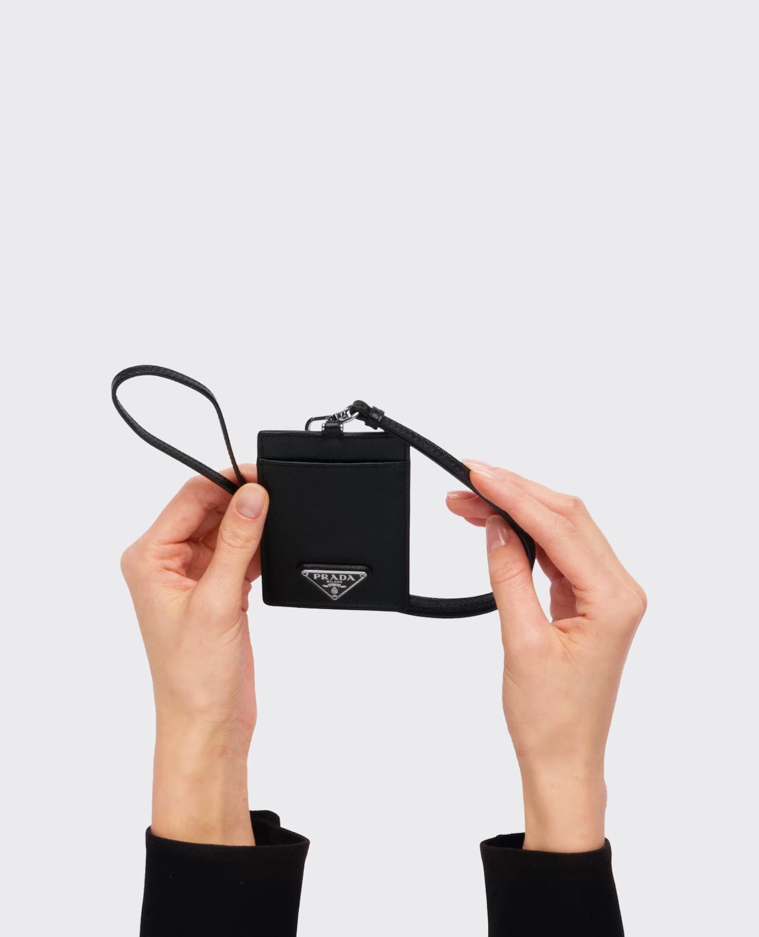 PRD Saffiano Leather Badge Holder Black Silver Hardware