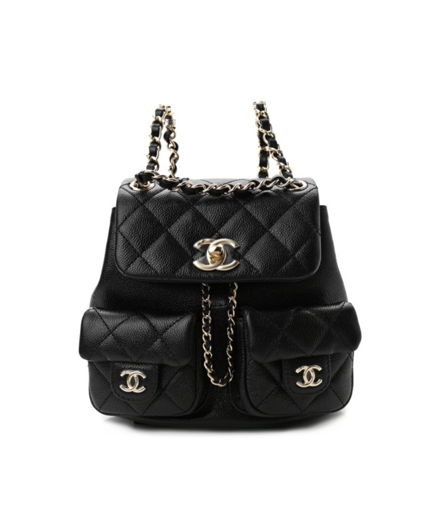 Coco Shiny Caviar Quilted Small Duma Pockets Drawstring Backpack Black