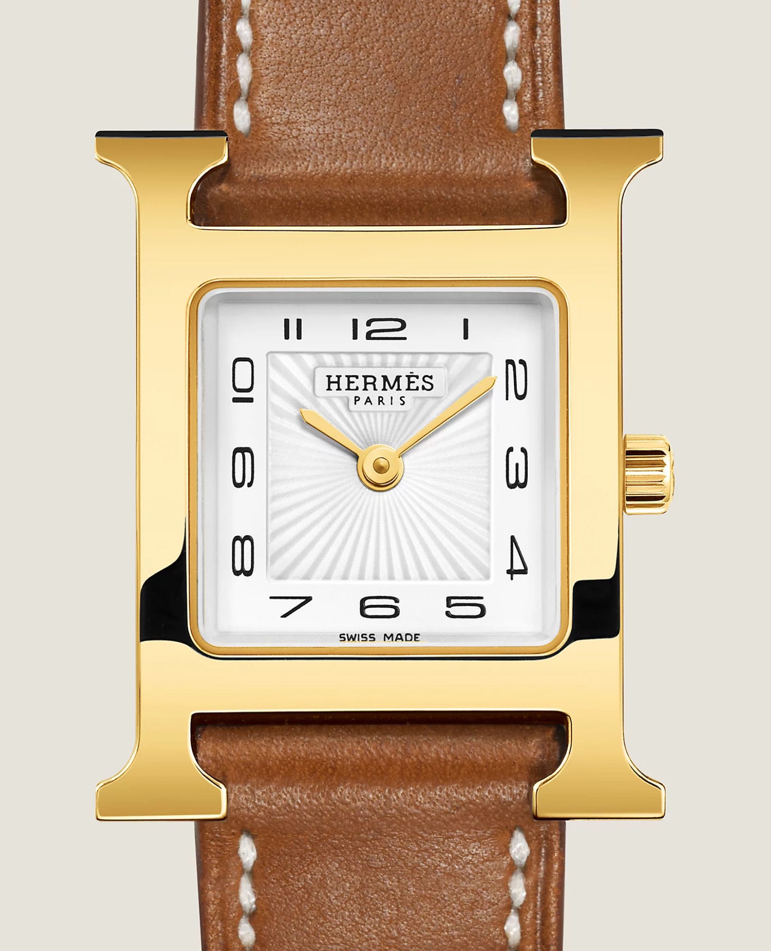 Hermès Heure H watch, Small model, 25 mm Yellow gold-plated steel, Gold Chestnut