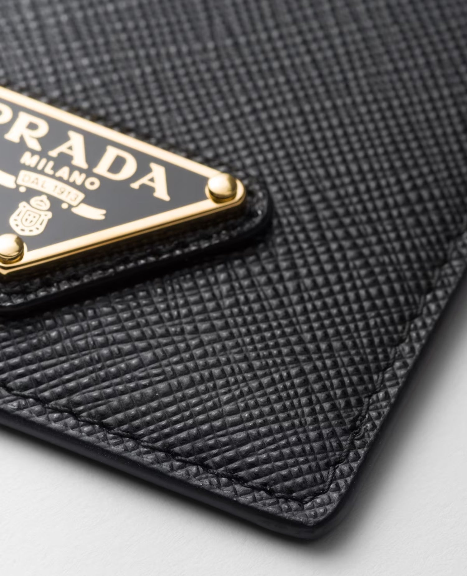 Prada Saffiano Leather Badge Holder Black Gold Hardware
