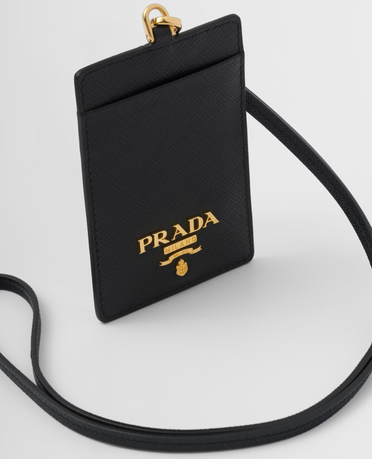 Prada Saffiano Leather Badge Holder Black Gold-toned.