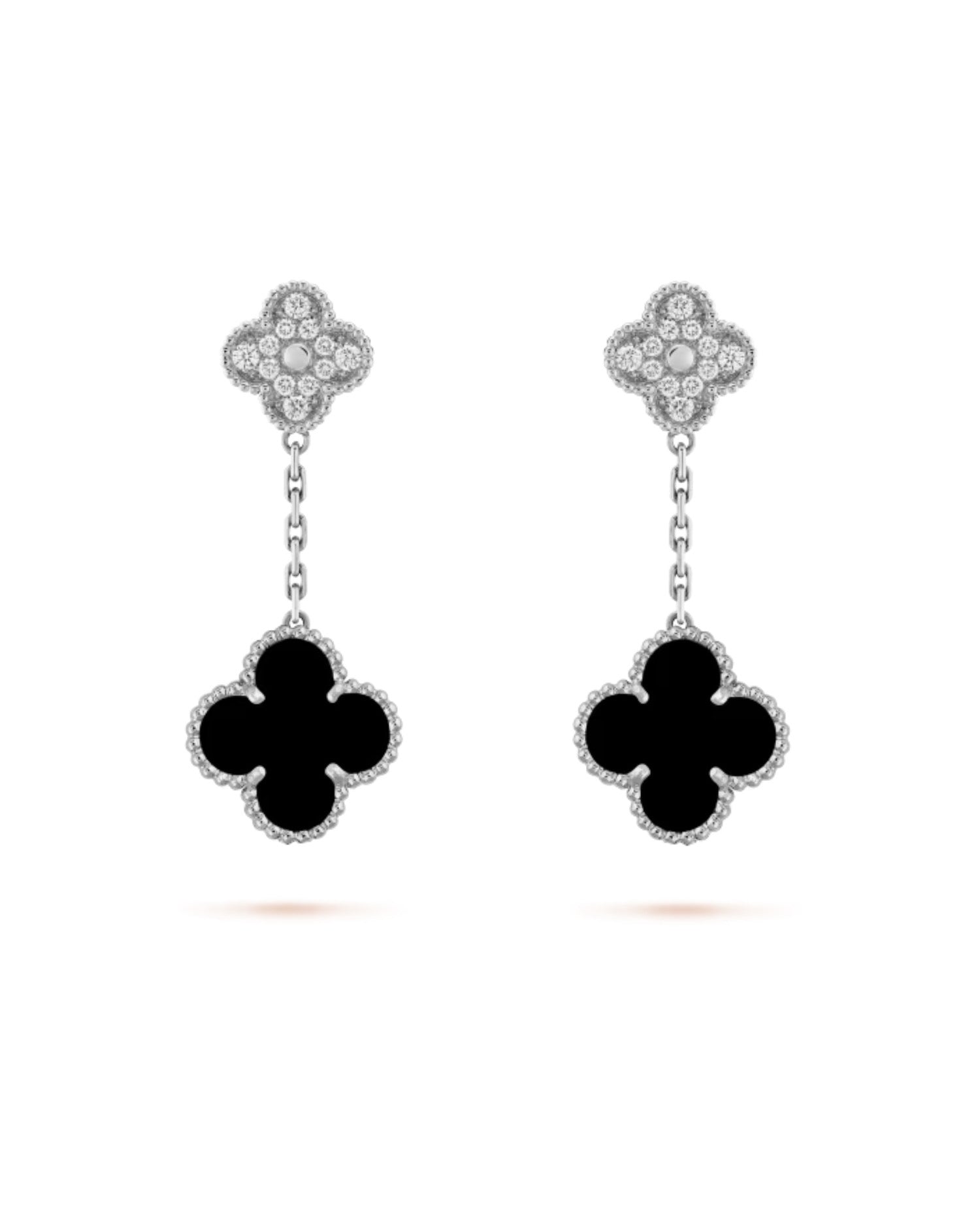 Van Cleef Magic Alhambra earrings, 2 motifs, white gold, Diamond, Onyx