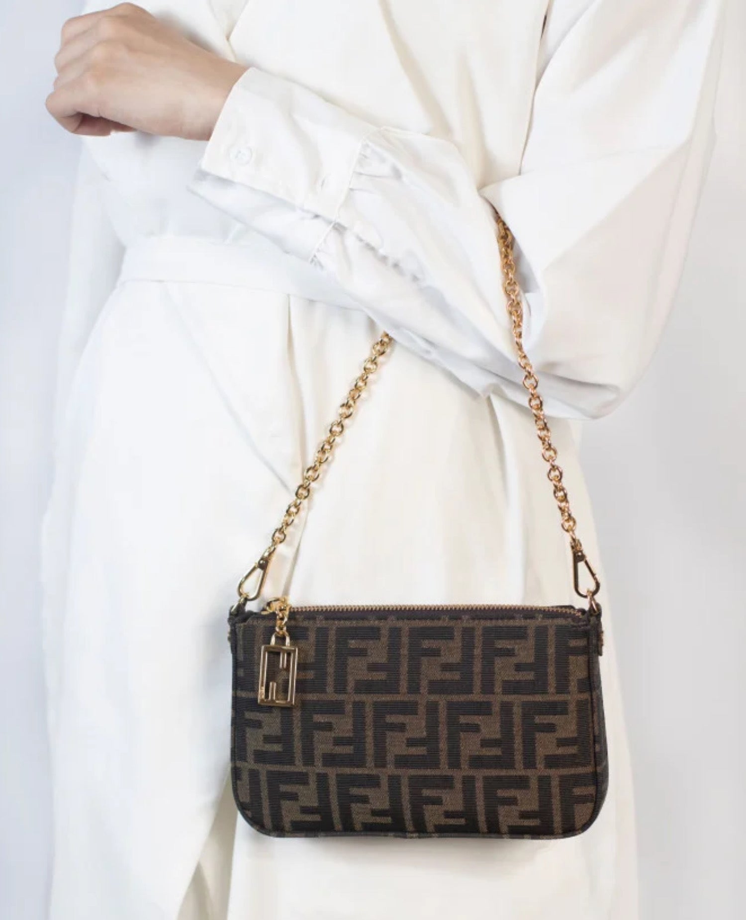 Fendi Baguette Pouch Brown jacquard FF fabric