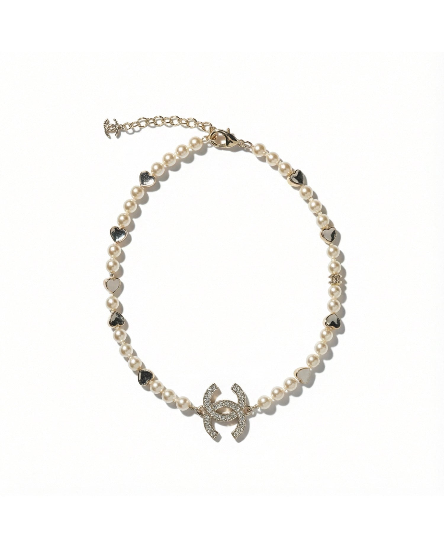 COCO Pearl Choker Necklace with 'CC' Logo Heart Pendants