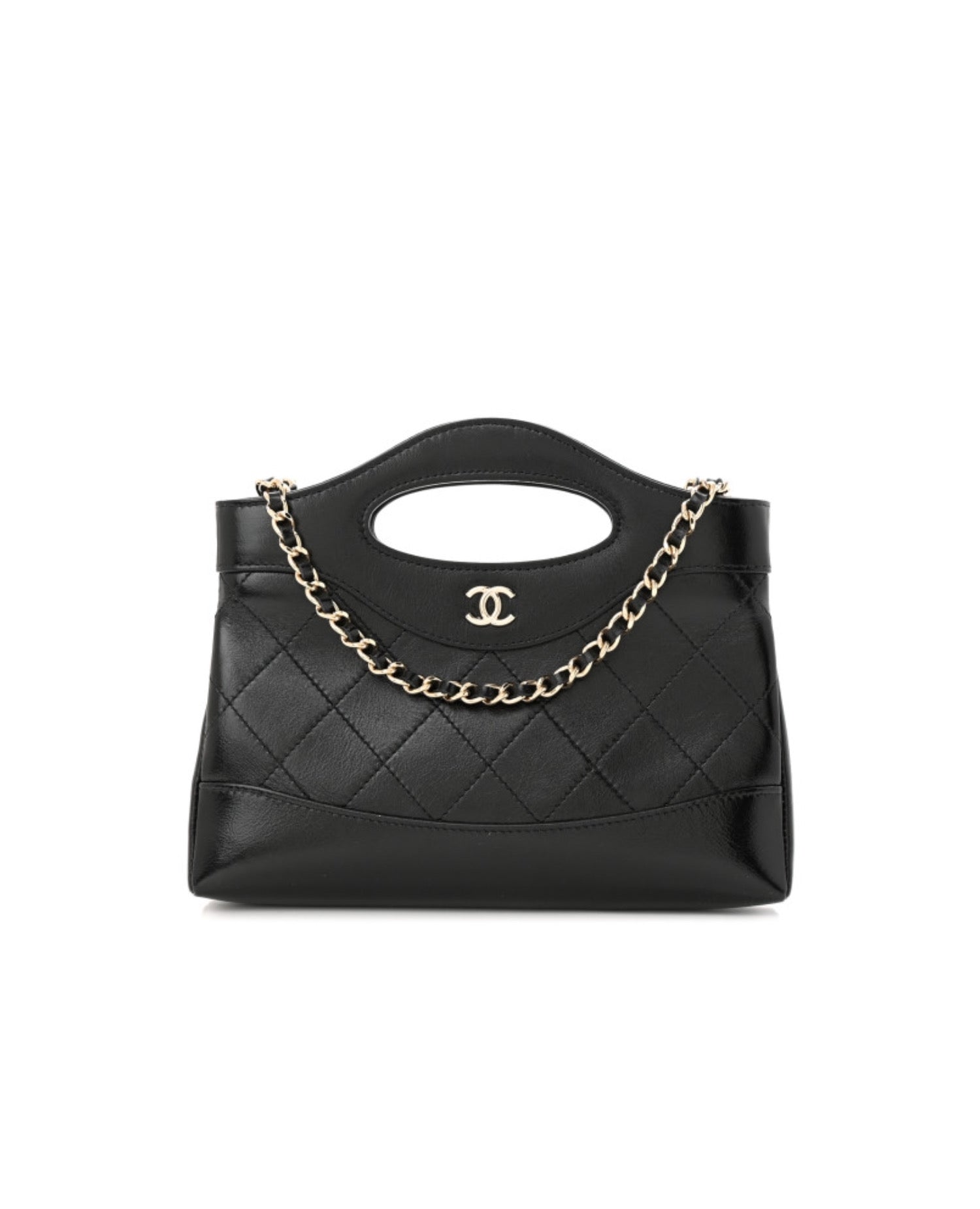 Coco Shiny Crumpled Calfskin Quilted Nano 31 Shopping Bag Black