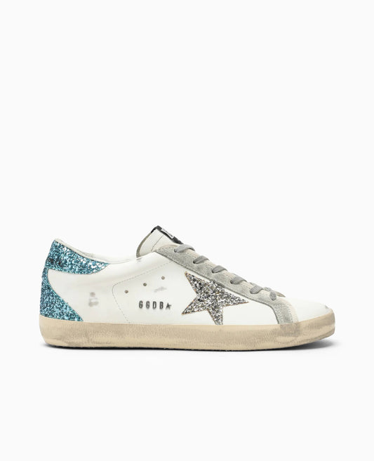 Golden Goose Women’s Super-Star with Silver Star and Turquoise glitter heel tab