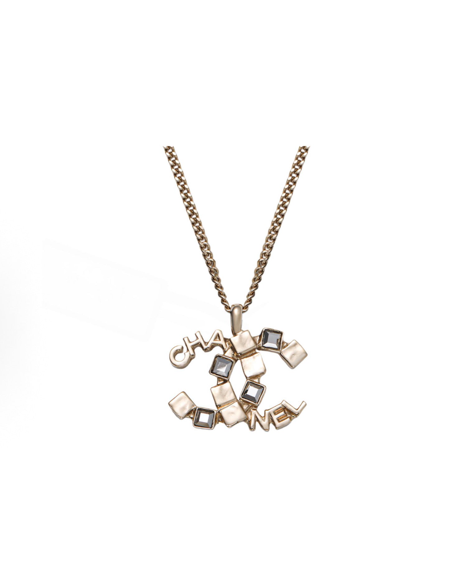Coco CC Logo With Square Crystal Strass Pendant Necklace Gold