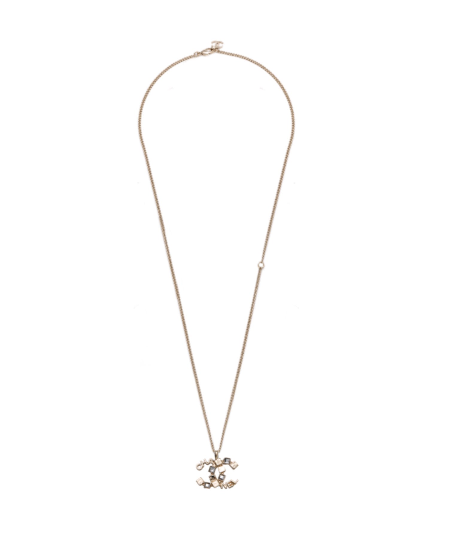 Coco CC Logo With Square Crystal Strass Pendant Necklace Gold