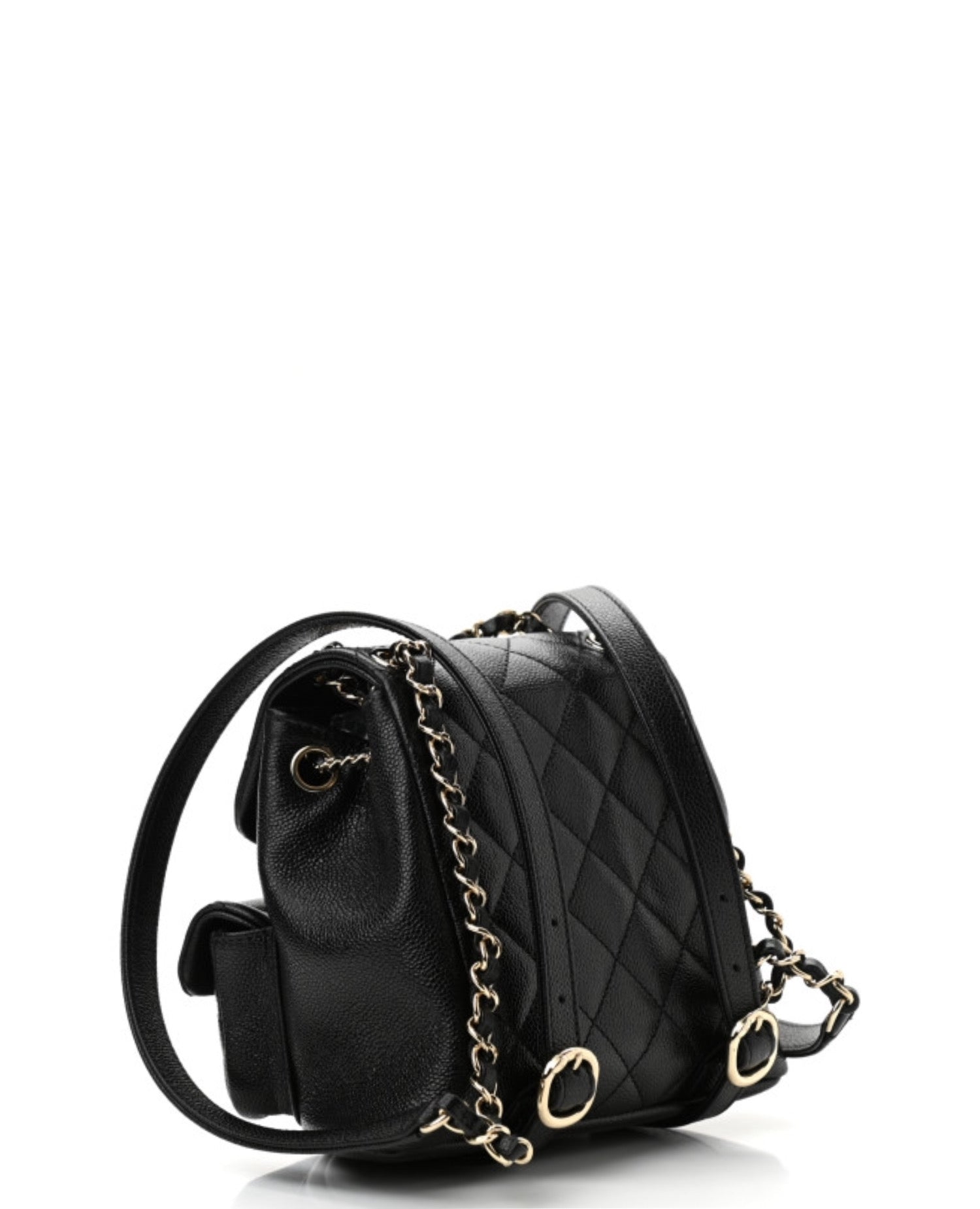 Coco Shiny Caviar Quilted Small Duma Pockets Drawstring Backpack Black