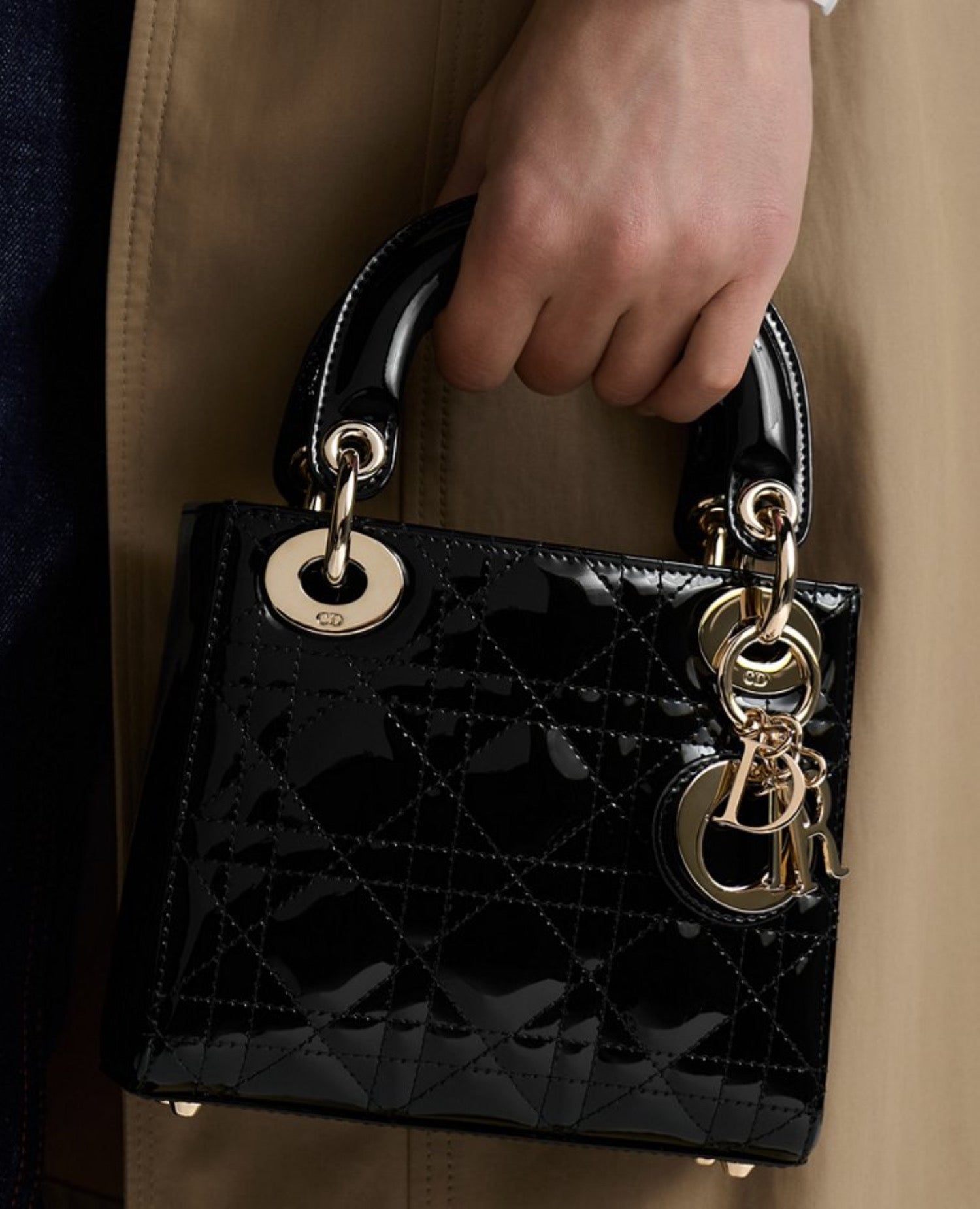 Christian Dior Mini Lady Dior Bag Black Cannage patent Gold Hardware